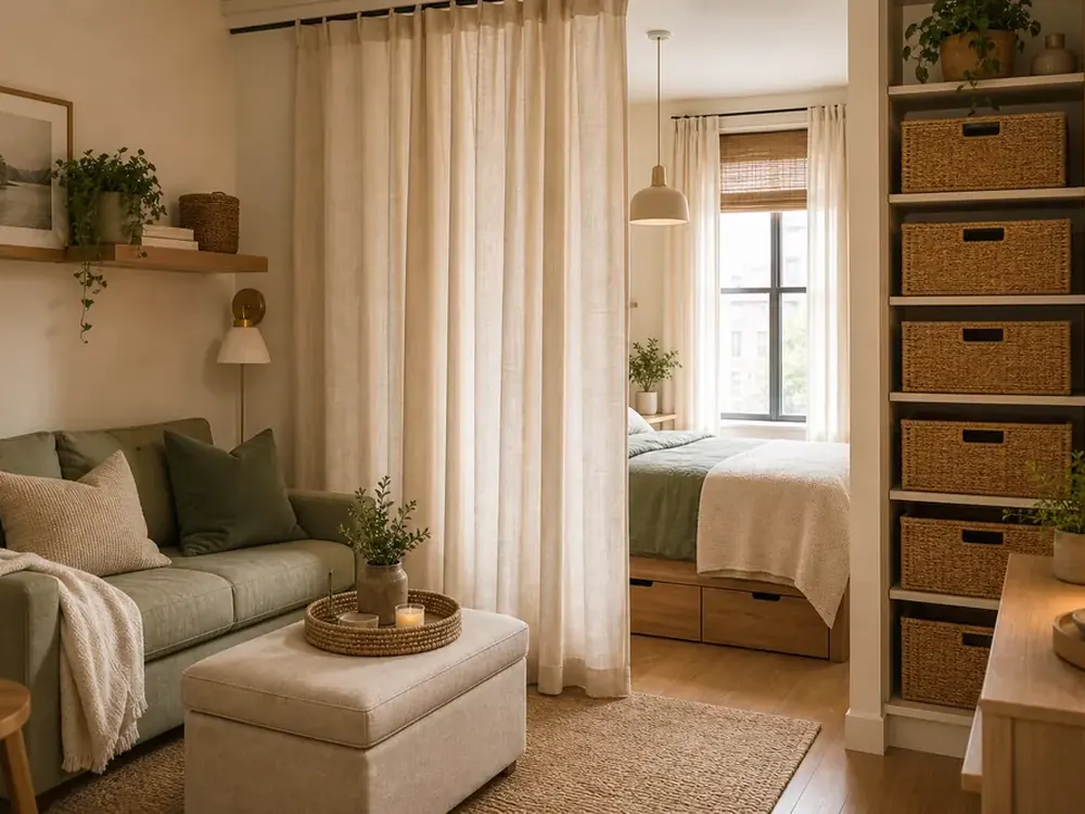 How to Maximise Small Bedroom Space showing practical storage, texture, and natural daylight