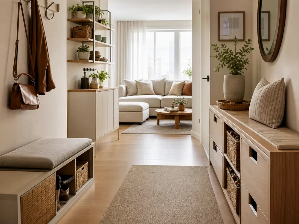 How to Organize a Tiny Apartment with visible categories, calm styling, and reachable storage