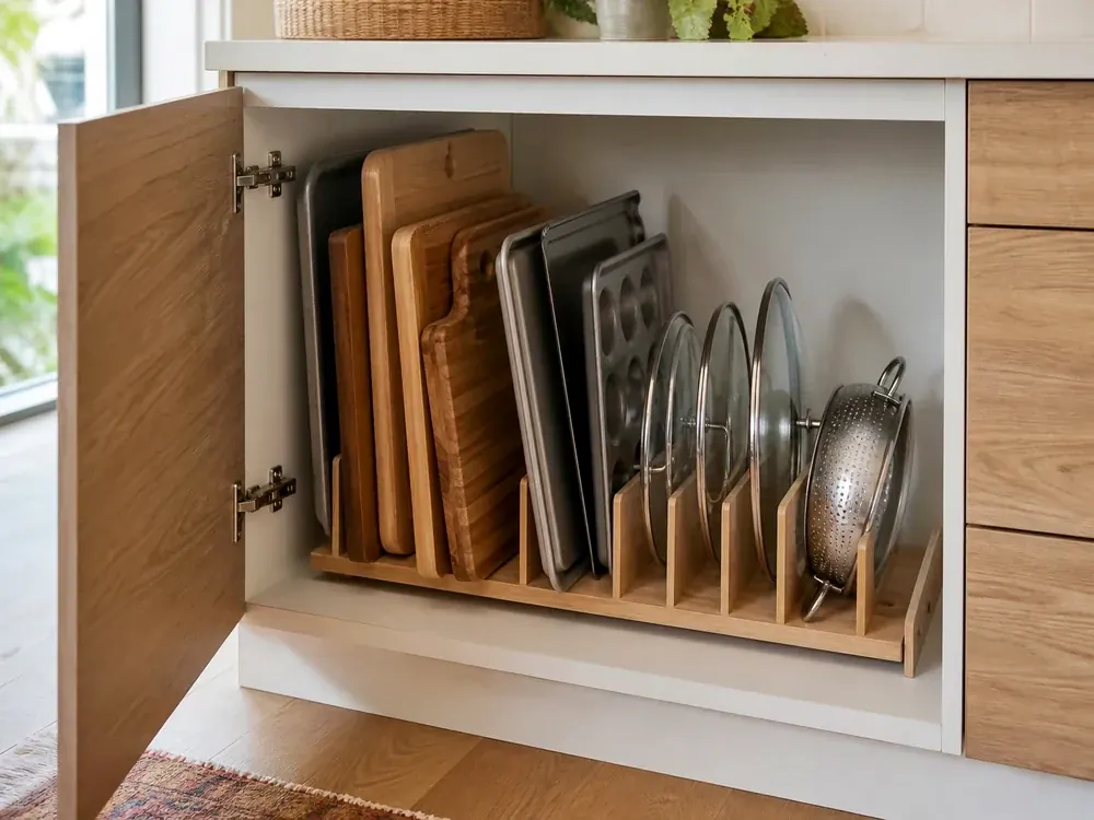 How to Store Pots and Pans in a Small Kitchen with a clear route and warm home-organizing detail