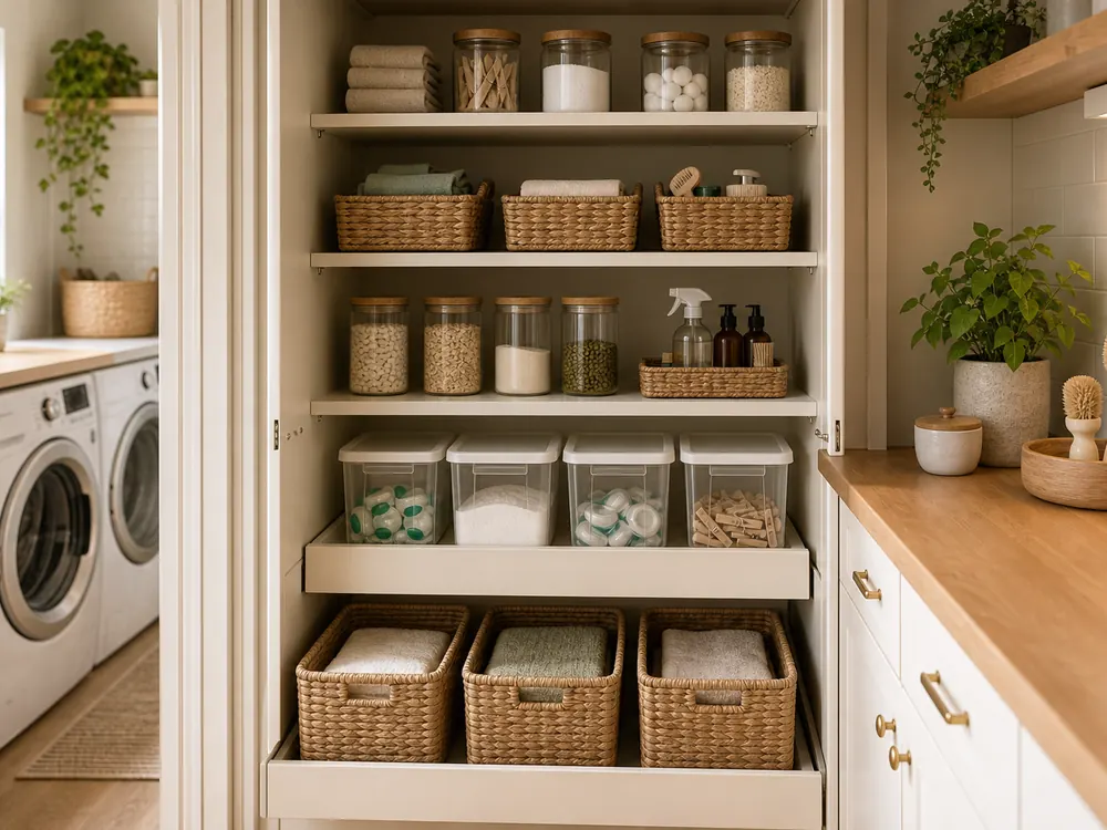 Étagères d'organisation d'armoires de cuisine montrant un rangement pratique, une texture et une lumière naturelle