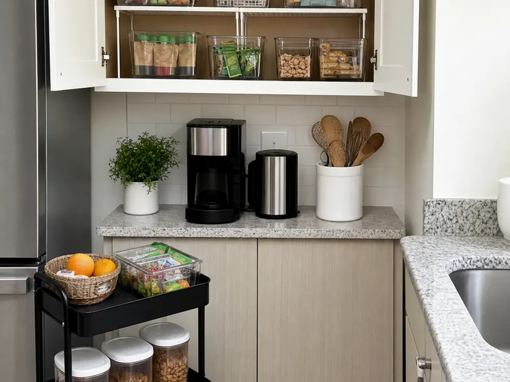 Étagères d'organisation d'armoires de cuisine avec catégories visibles, style calme et rangement accessible