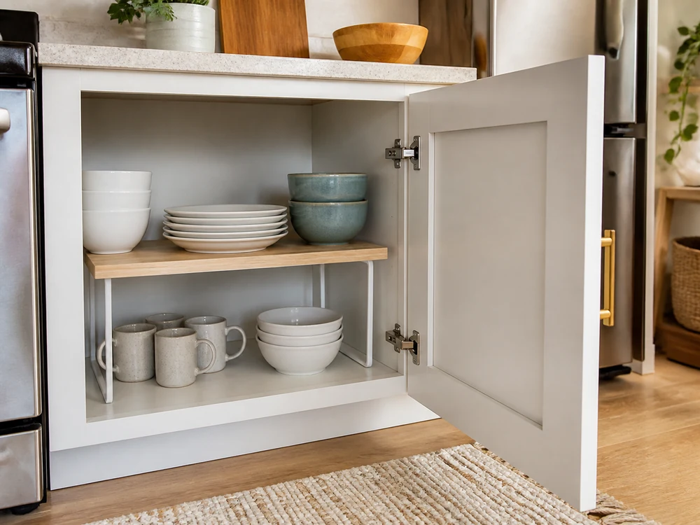 Kitchen cabinet shelf organizer creating separate zones for plates, bowls, and mugs