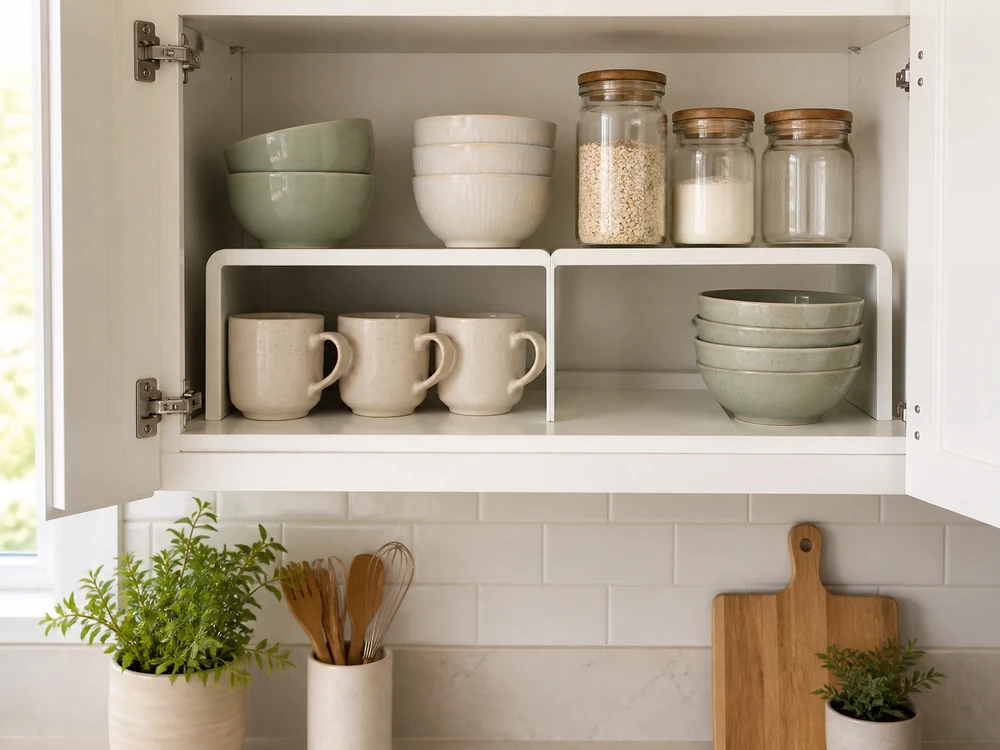 Upper kitchen cabinet with white shelf risers, mugs, bowls, and plain jars