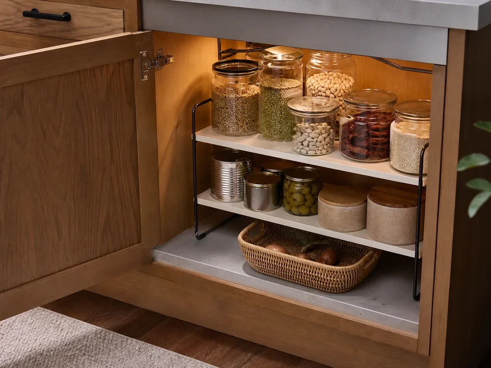 Kitchen cabinets with vertical tray storage, labeled bins, and small appliances