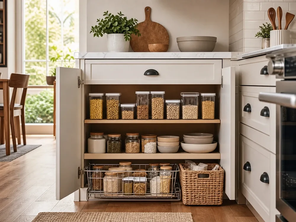 Open kitchen cabinet with shelf risers, dishes, glasses, and baskets