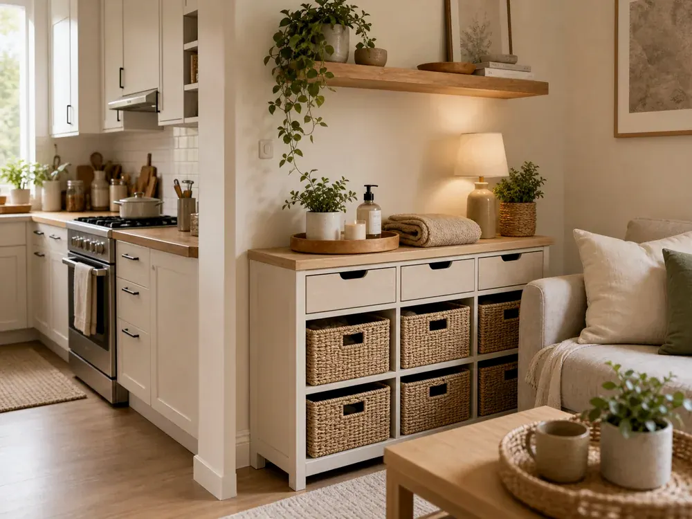 Küchen-Eckschrank-Aufbewahrung mit sichtbaren Kategorien, ruhigem Design und erreichbarem Stauraum