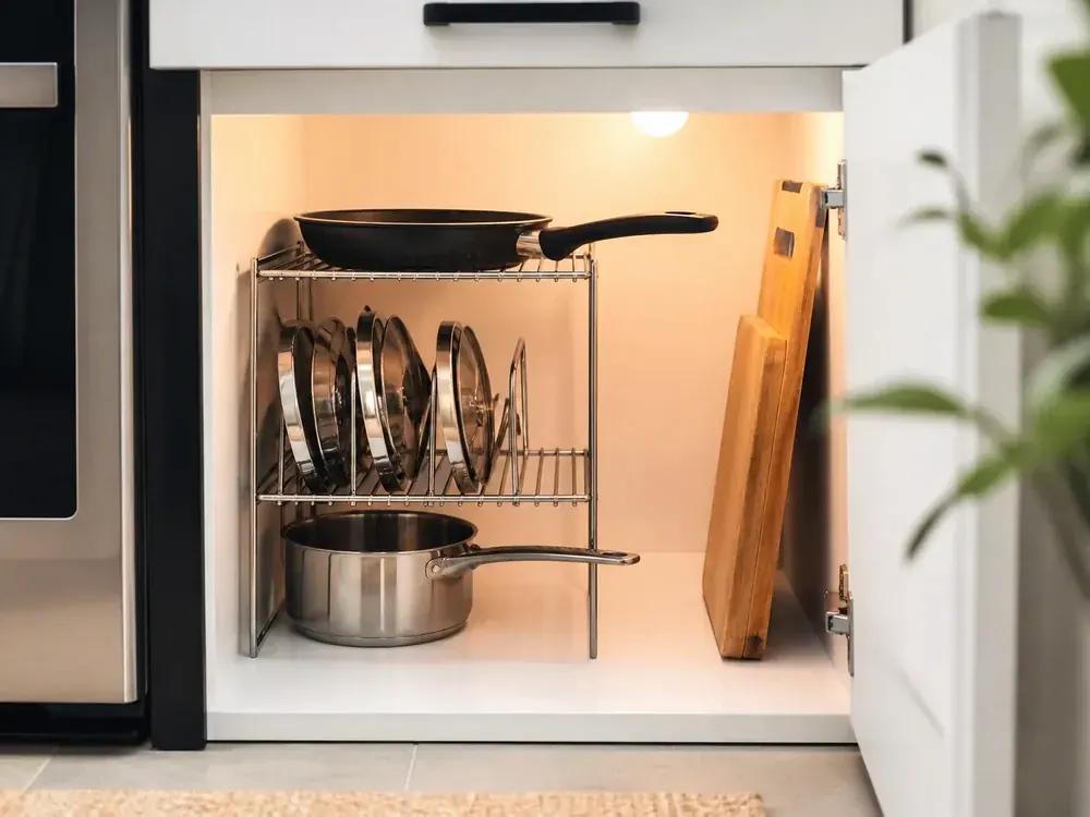 Kitchen Cupboard Storage Solutions showing practical storage, texture, and natural daylight