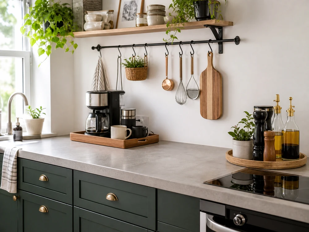 Kitchen organization kitchen storage with clear prep counter and grouped zones