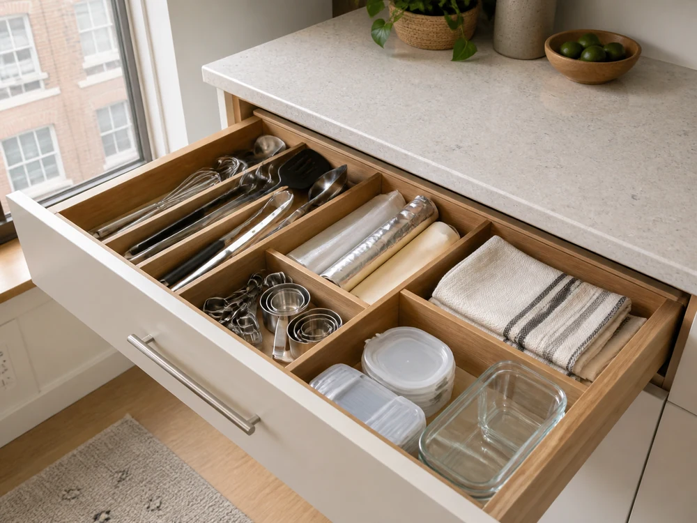 Organized kitchen drawer with divided tools, wraps, towels, and containers