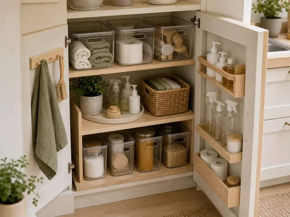 Küchenorganisationsregale mit sichtbaren Kategorien, ruhigem Design und erreichbarem Stauraum