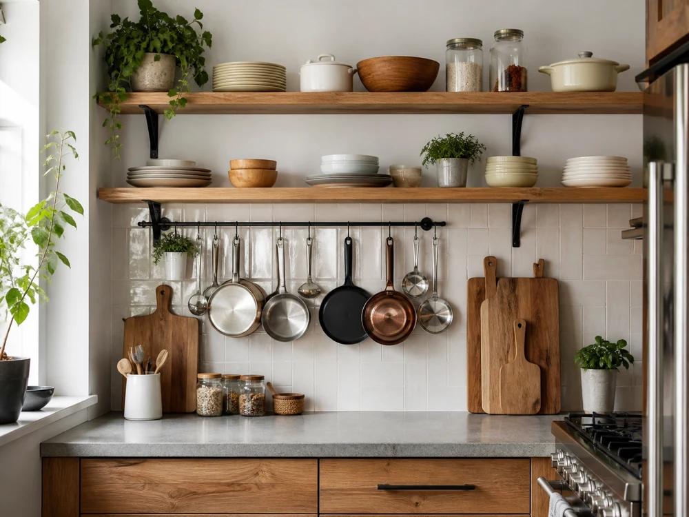 Kitchen racks and shelves with open wall storage, hanging pans, and clear prep counter