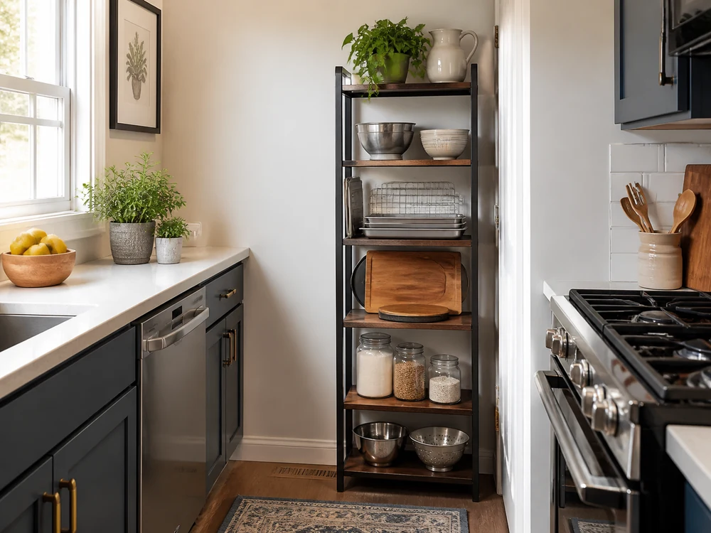 Slim freestanding kitchen rack with bowls, trays, jars, and clear cooking path