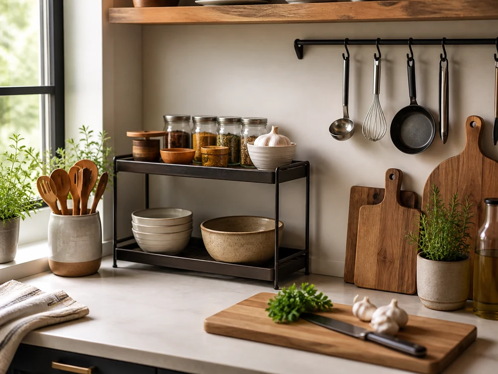 Counter rack and utensil rail arranged near a small kitchen prep zone