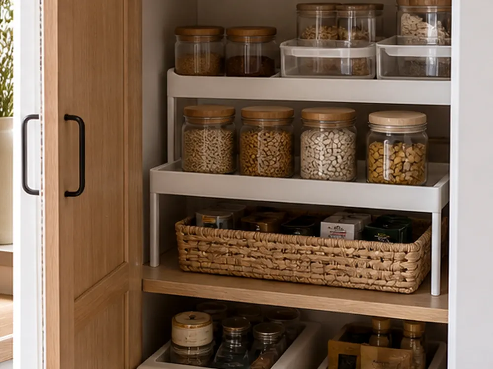 Kitchen Storage Hacks with a clear route and warm home-organizing detail