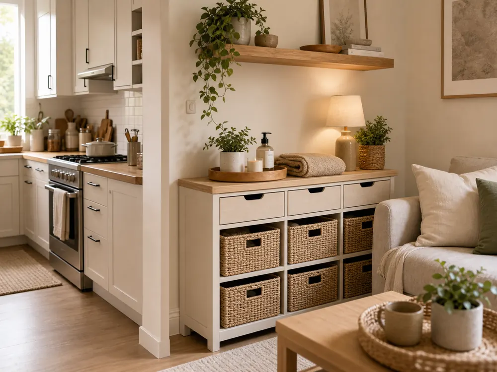 Kitchen Storage Hacks showing practical storage, texture, and natural daylight