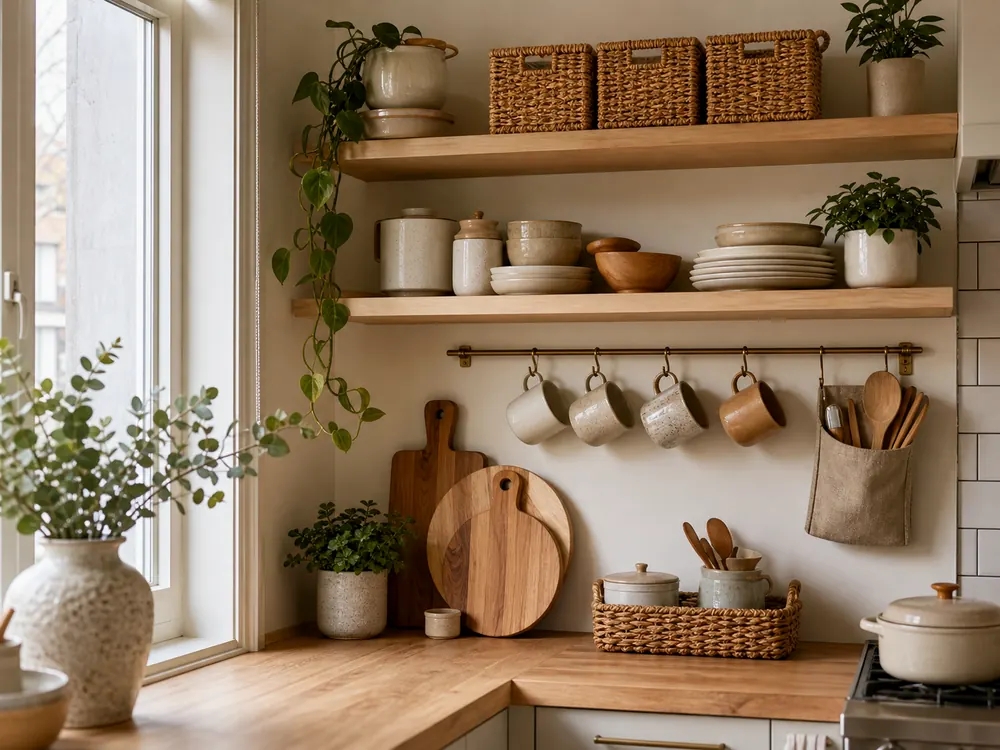Kitchen Storage Hacks with visible categories, calm styling, and reachable storage