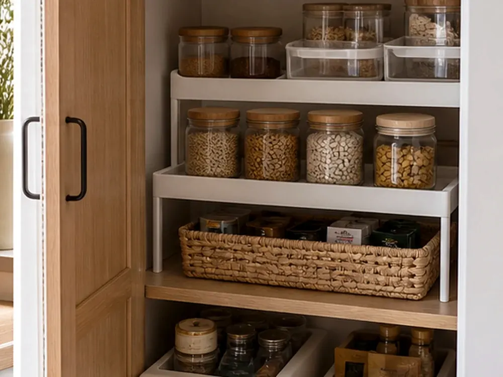 Organisateurs de rangement de cuisine avec un itinéraire clair et des détails chaleureux pour l'organisation de la maison