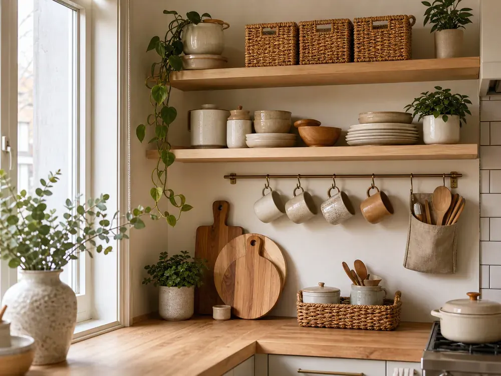 Organisateurs de rangement de cuisine montrant un rangement pratique, une texture et une lumière naturelle