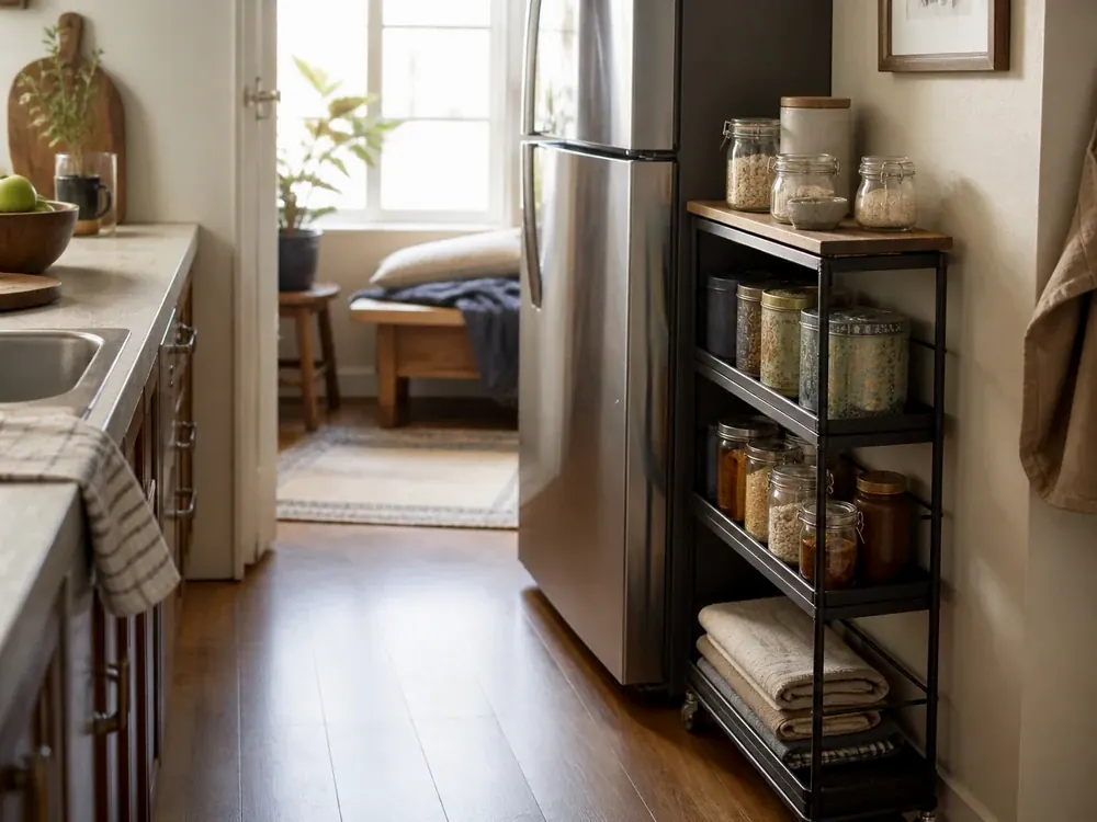 Organisateurs de rangement de cuisine avec catégories visibles, style calme et rangement accessible