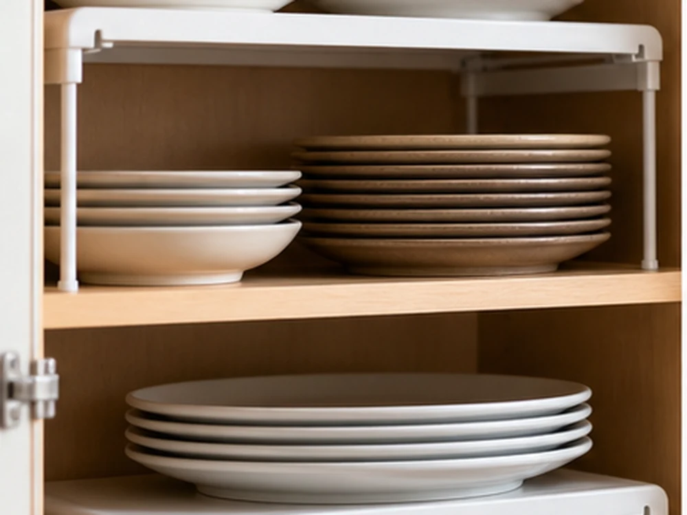 Kitchen storage racks used as shelf risers for plates and bowls inside a compact cabinet