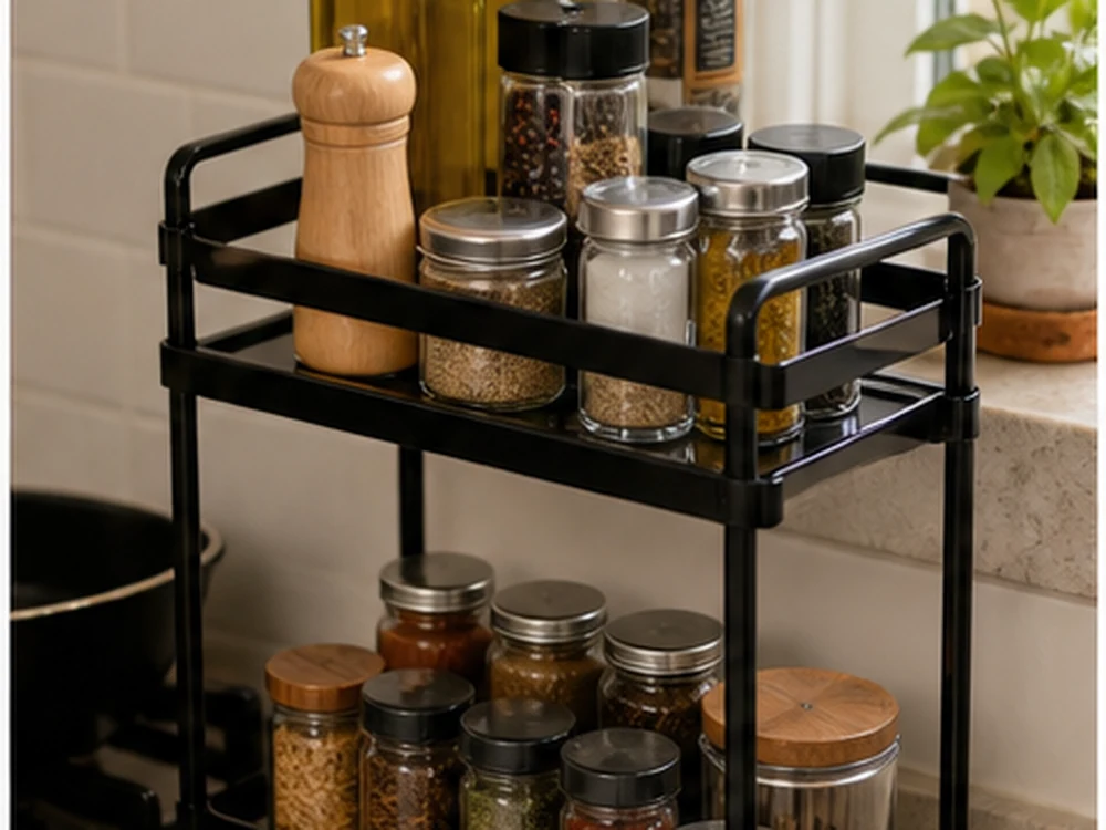 Narrow kitchen storage rack for oils and spices with a clear cleaning gap beside the sink
