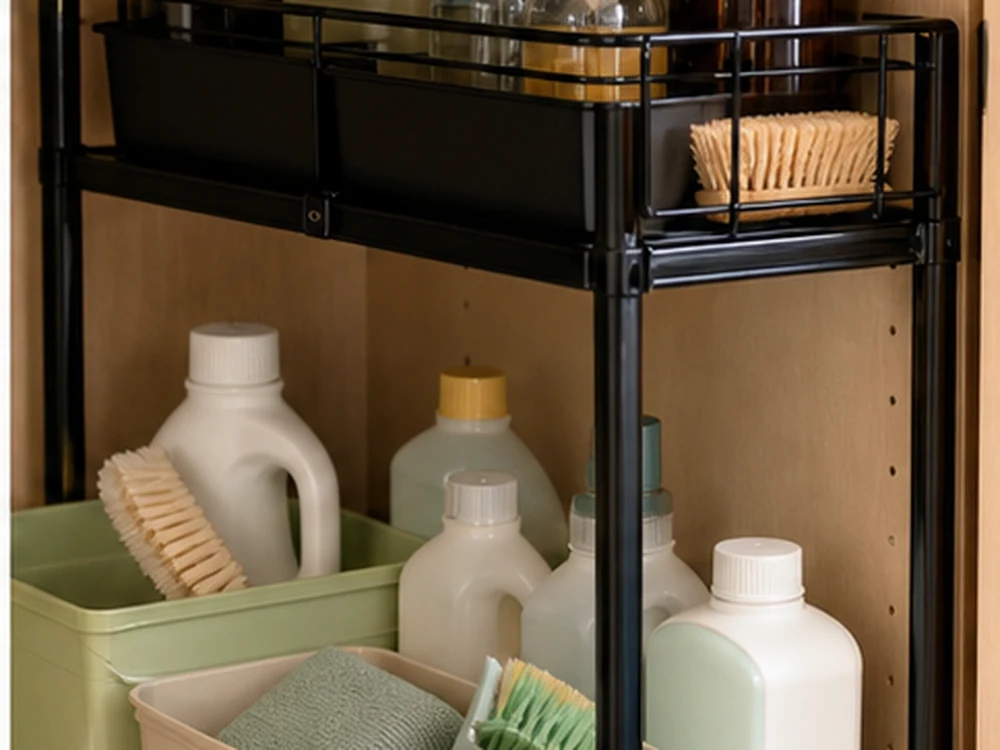 Under sink kitchen storage rack arranged around plumbing with cleaning products separated