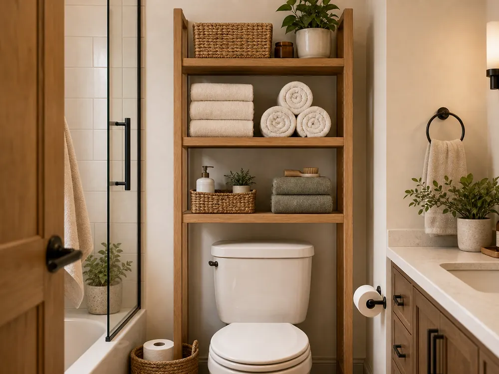 Kleine Badezimmeraufbewahrung mit sichtbaren Kategorien, ruhigem Design und leicht zugänglichem Stauraum