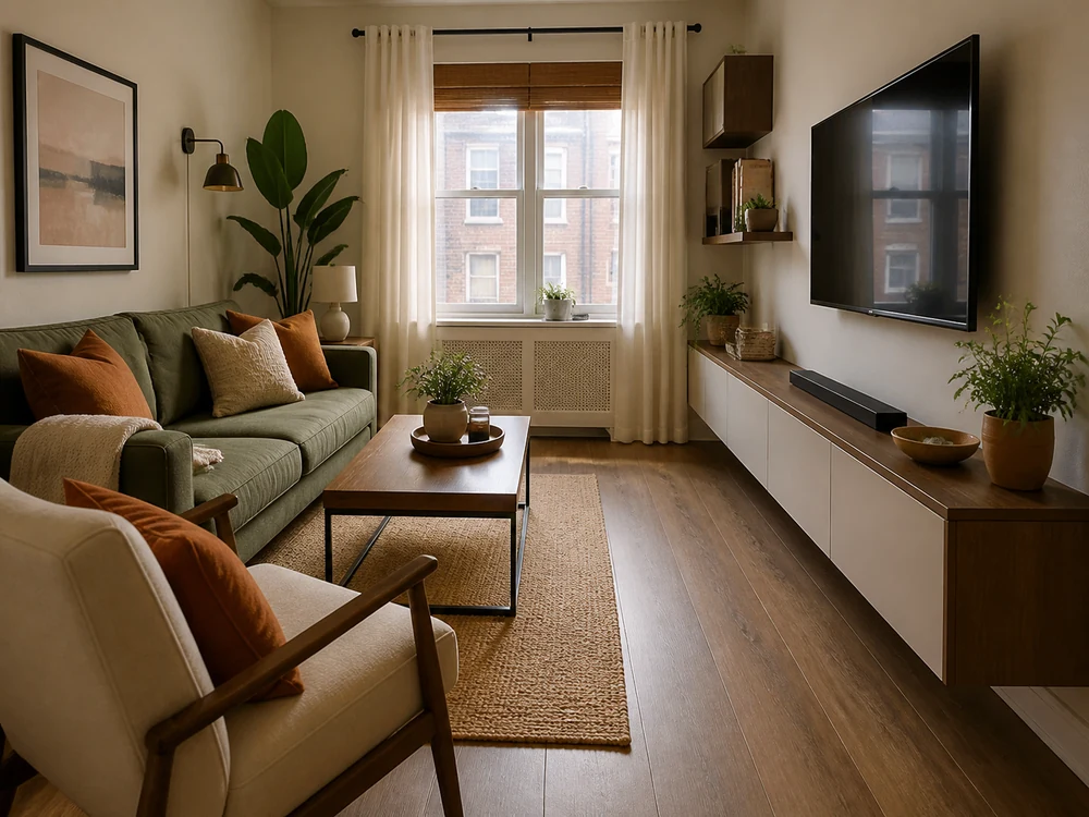 Compact living room with floating media storage and open floor lane