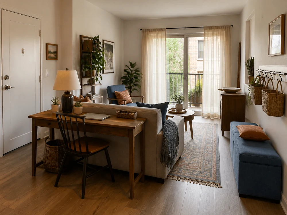 Small living room with slim desk, storage ottoman, and open walkway