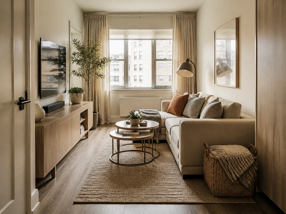Living room small design with storage sofa, nesting tables, closed media cabinet, and clear traffic lane