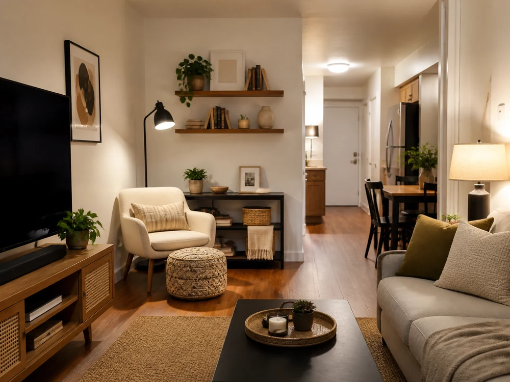 Compact living room reading corner with wall shelves, storage ottoman, and open path to the dining area
