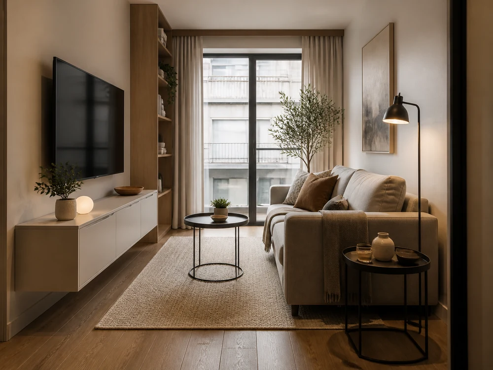 Narrow living room small design with wall-mounted TV, shallow cabinet, side table, and calm seating layout