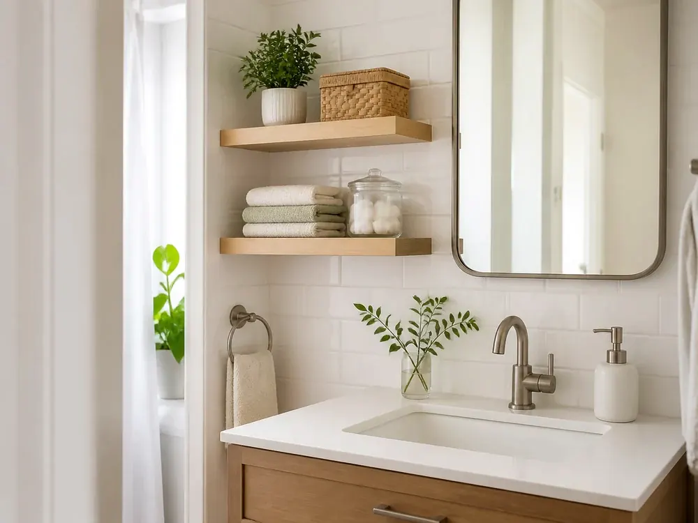 modern bathroom shelves editorial image 1