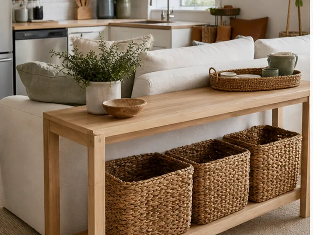 Modernes, kleines, modernes Wohnzimmerdesign mit sichtbaren Kategorien, ruhigem Design und erreichbarem Stauraum