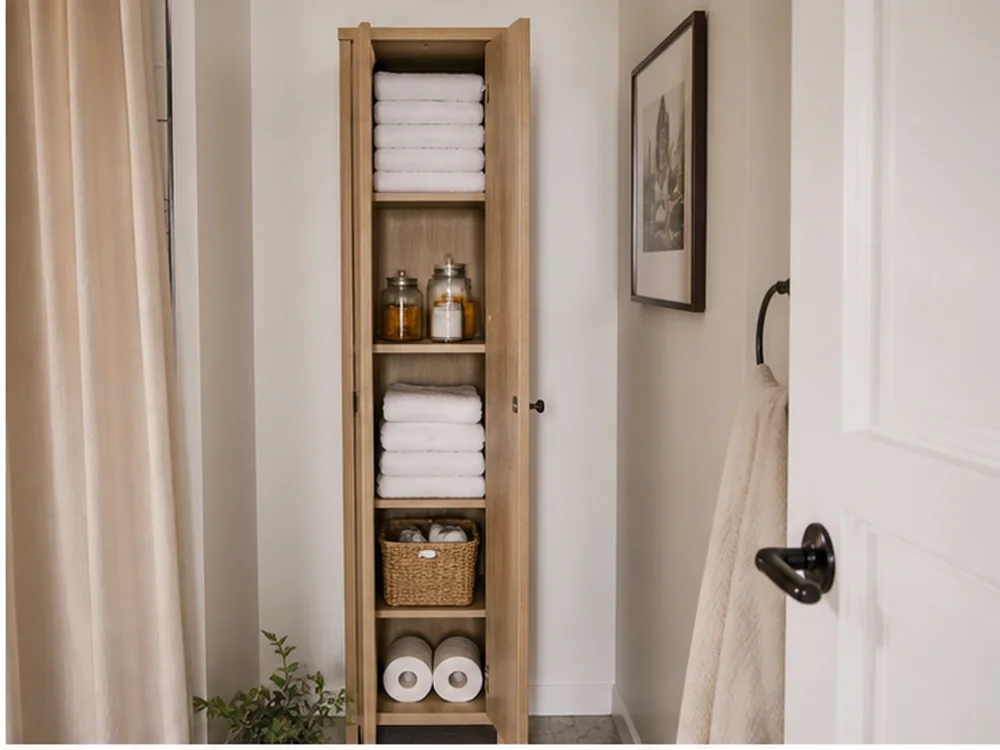 armario estrecho para baño con acceso realista y disposicion facil de limpiar