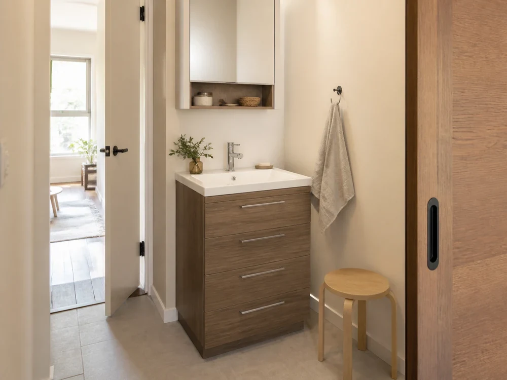 narrow bathroom furniture editorial image 1