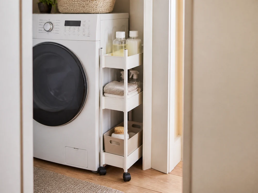 Narrow space storage rolling cart pulled from the gap beside a compact washer