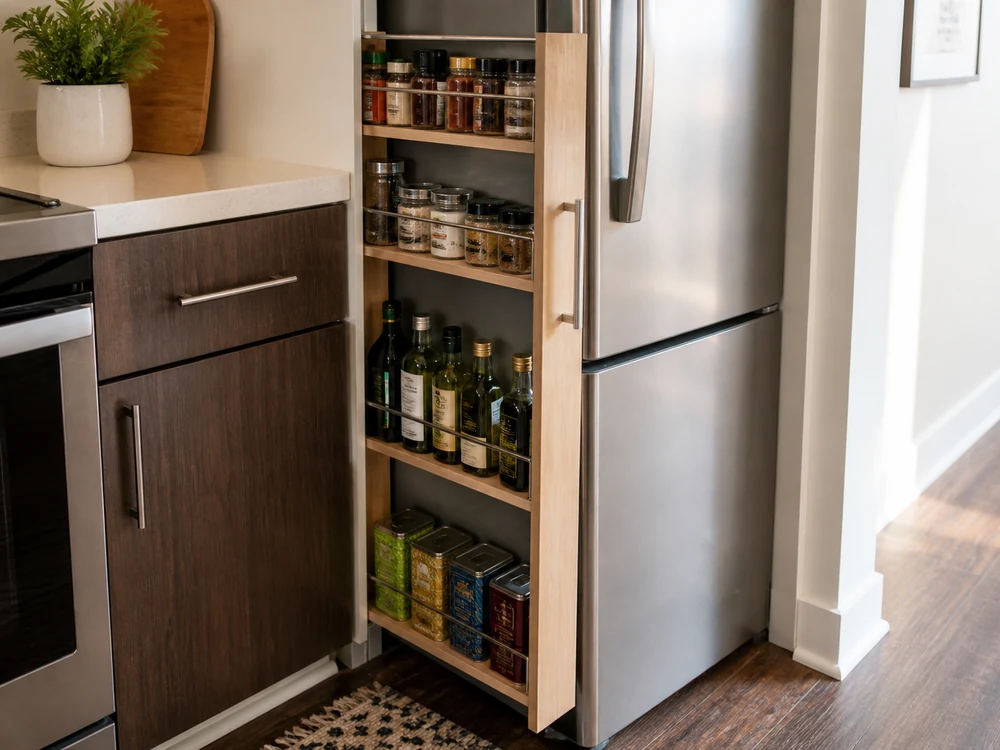 Slim pull-out pantry rack in the narrow gap beside a refrigerator in a small kitchen