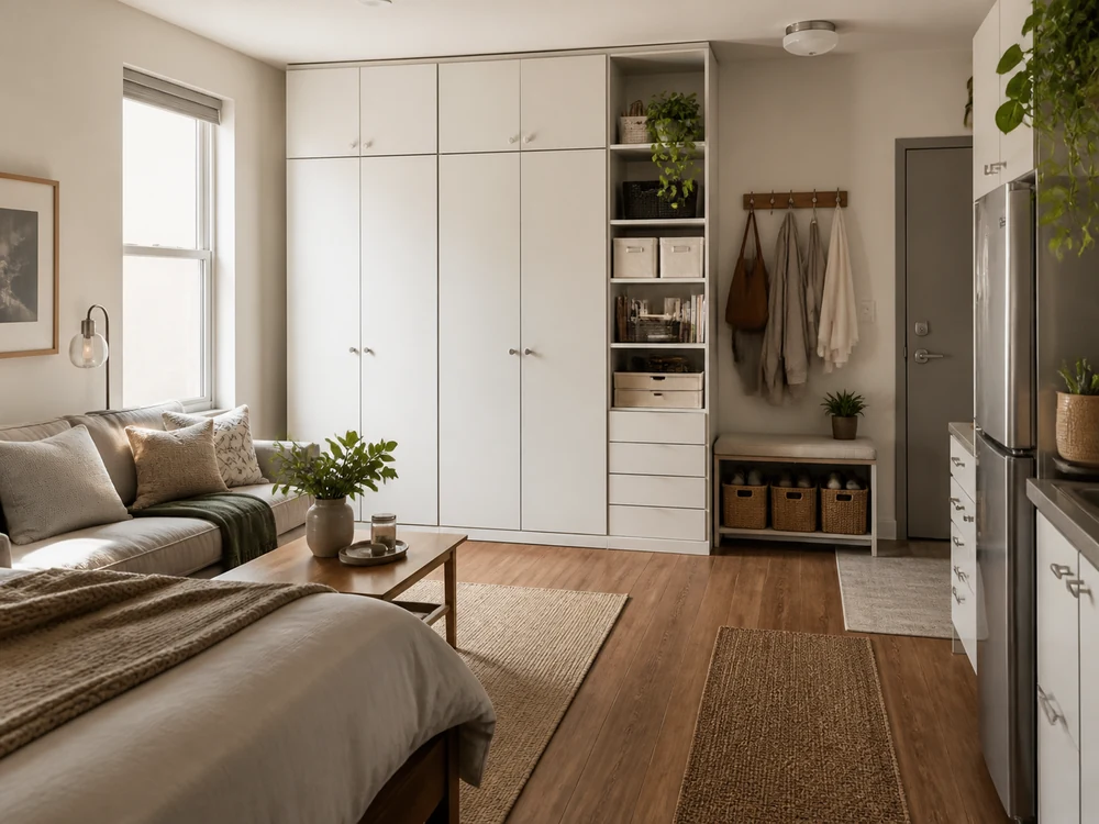 Organization ideas for small spaces with closed wall storage and entry hooks