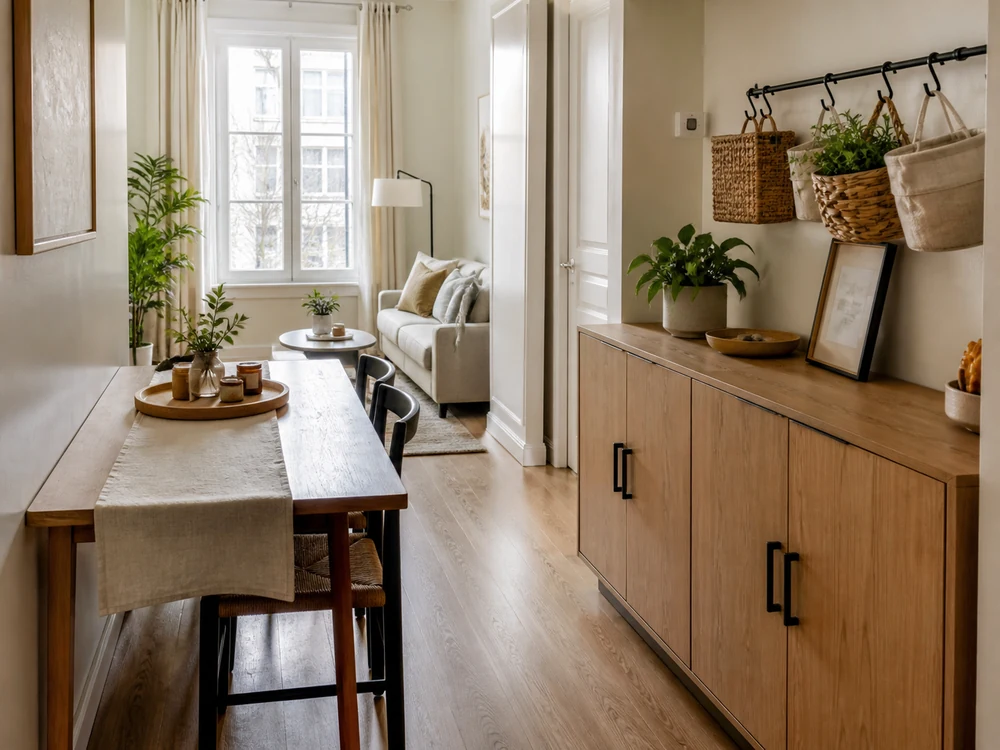 Small apartment organization with dining reset tray, sideboard, baskets, and clear lane