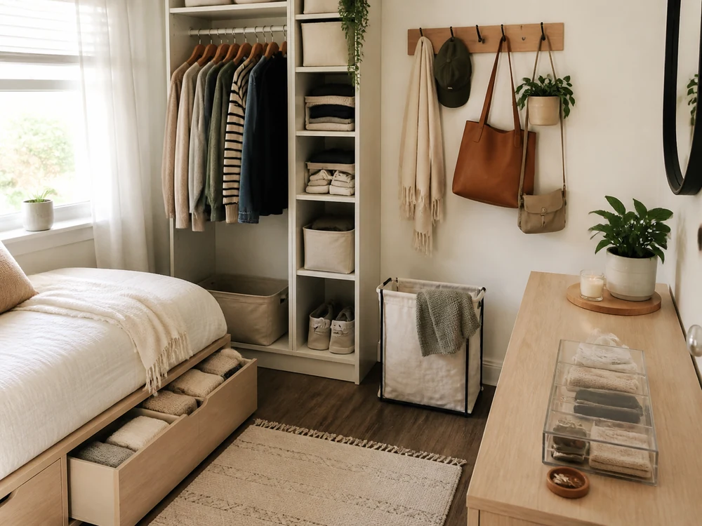 Bedroom organization system with wardrobe, hooks, laundry basket, and under-bed drawers