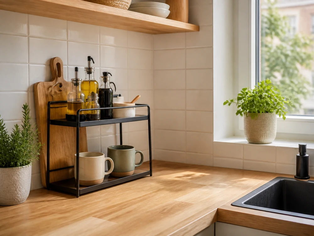 Organizer rack kitchen setup on a compact counter corner
