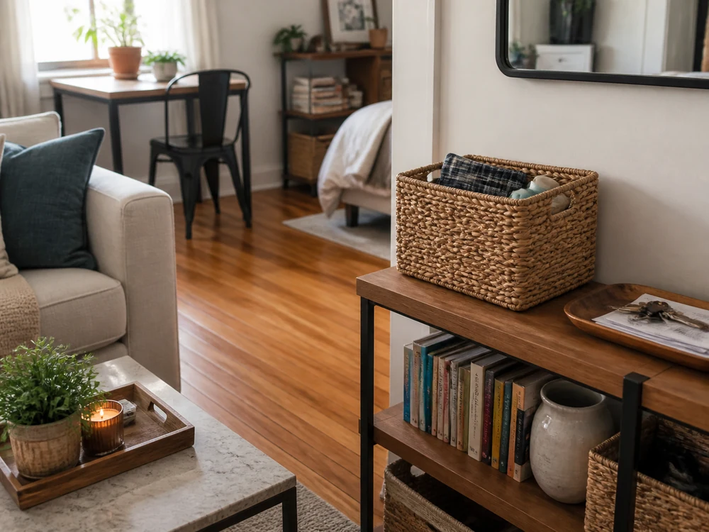 Small studio reset basket on a shelf with clear surfaces and grouped everyday items