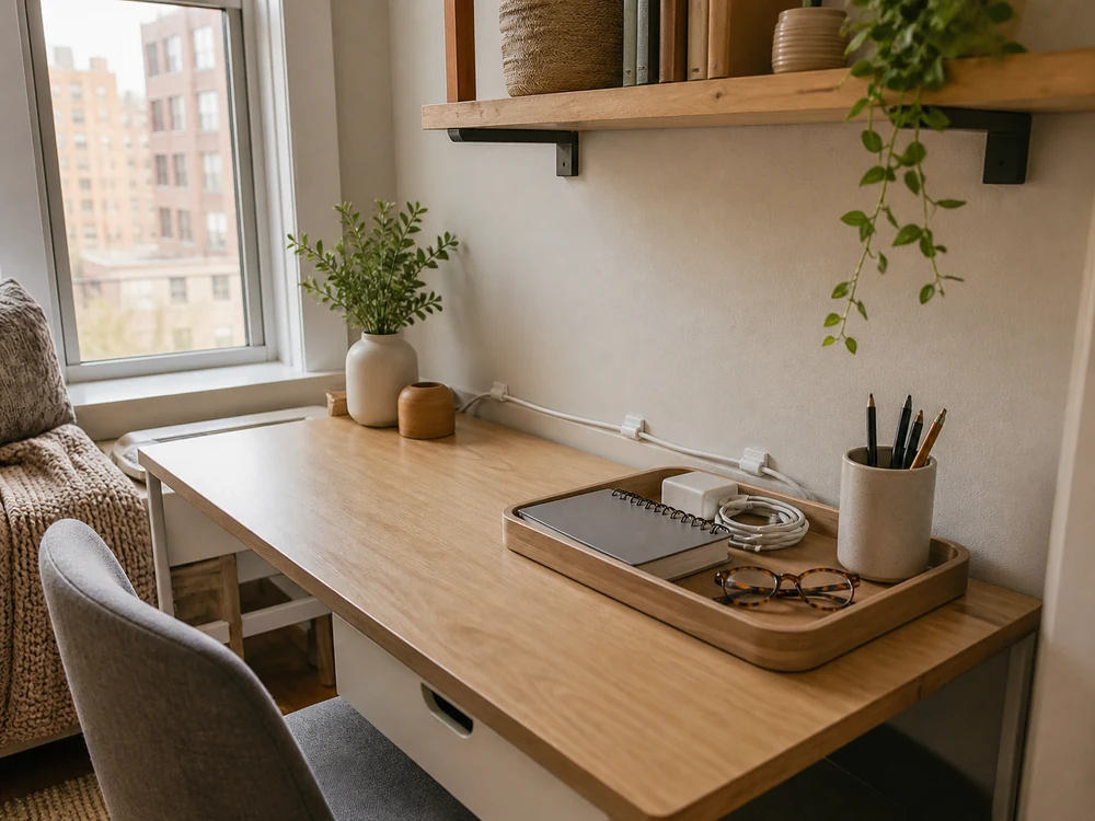 Small desk boundary tray with notebook charger glasses and cable clips on a clear work surface