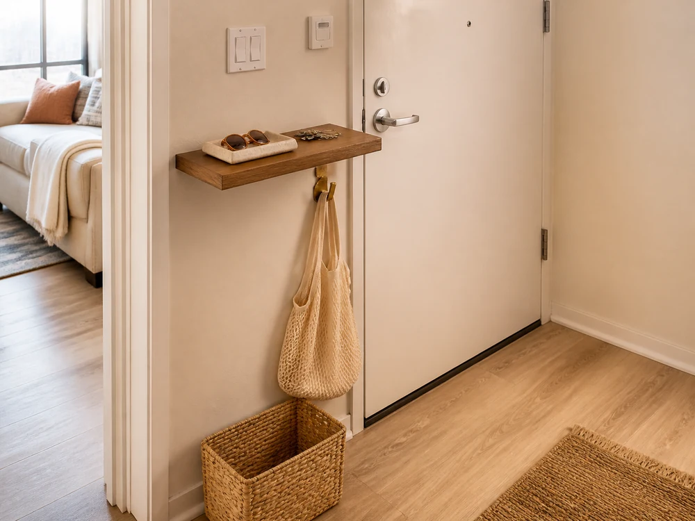 Tiny exit-check zone with shallow tray, hook, return basket, and clear threshold
