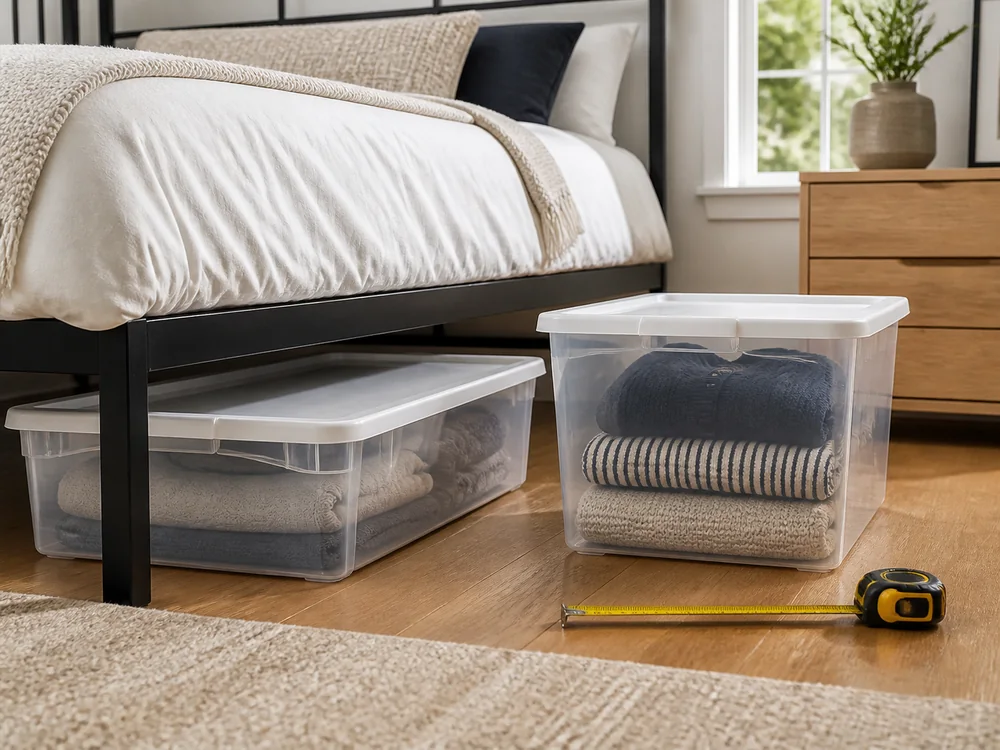 Two under-bed plastic bins compared for height before sliding under a bed frame