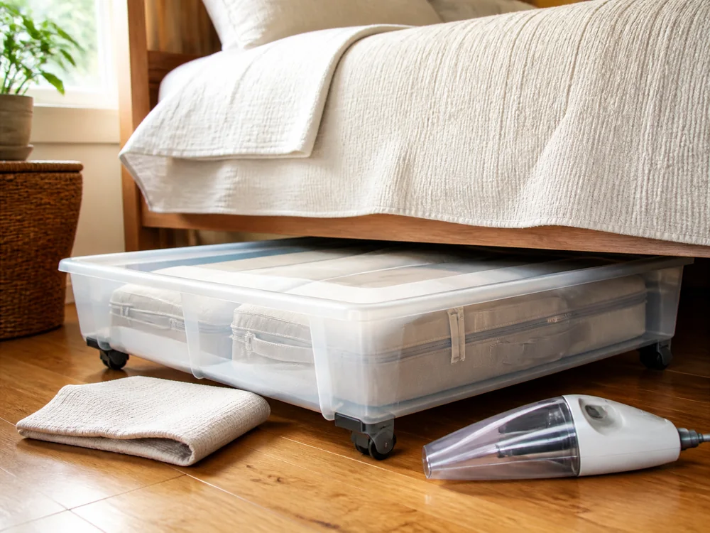 Wheeled under-bed plastic storage bin with dust cloth and handheld vacuum nearby