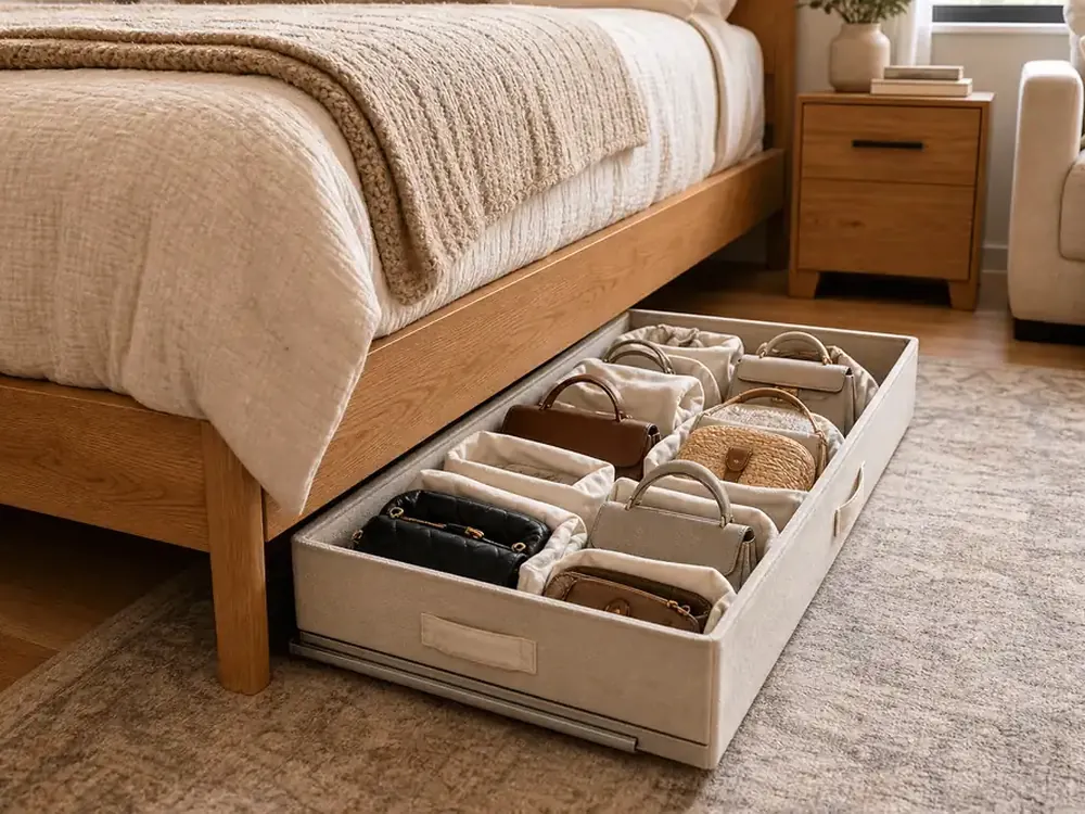 Plastic Under Bed Storage Containers showing practical storage, texture, and natural daylight