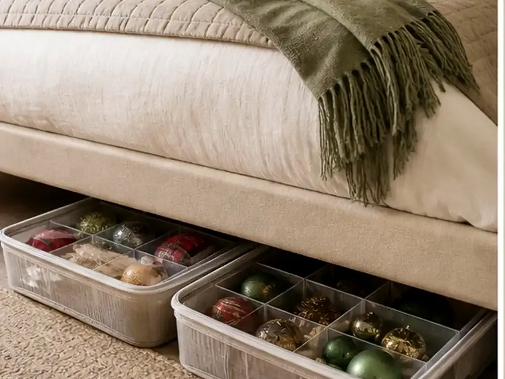 Rolling Bins Under Bed with a clear route and warm home-organizing detail