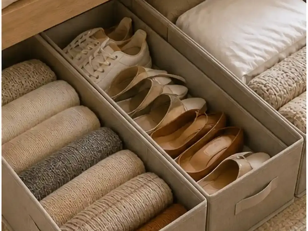 Rolling Bins Under Bed showing practical storage, texture, and natural daylight